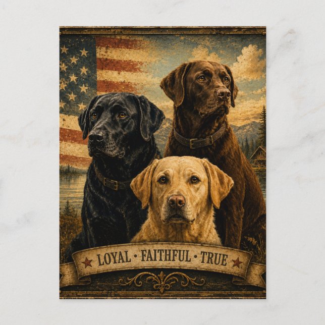 Cartão Postal  Labrador Retriever Rustic American Flag  (Frente)