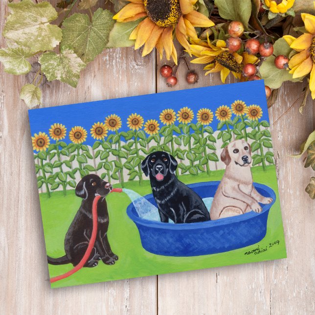 Cartão Postal Labradores do Partido da Piscina Engraçado (Funny Pool Party Labradors Postcard for Labrador Owners.  Sunflowers give summer vibes.  Cute.)