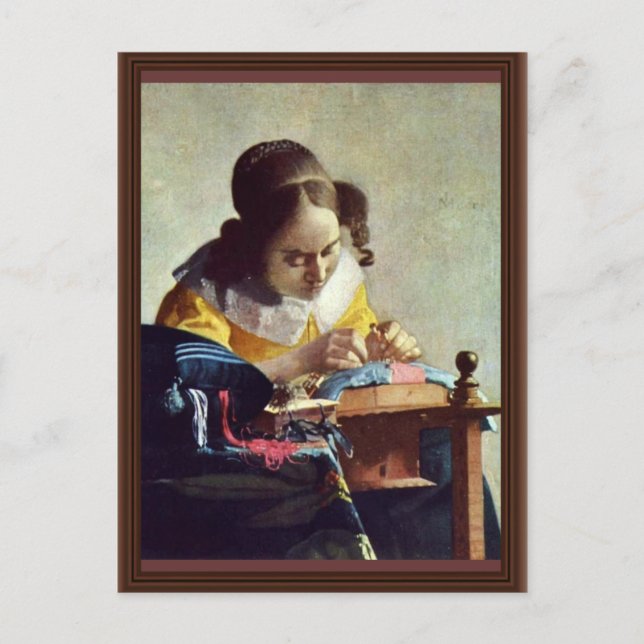 Cartão Postal Lacemaker, Français La Dentelière, Por Vermeer (Frente)