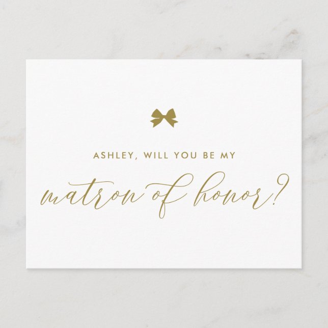 Cartão Postal Laço de Fita Dourada Você Será Minha Dama de Honra (Frente)