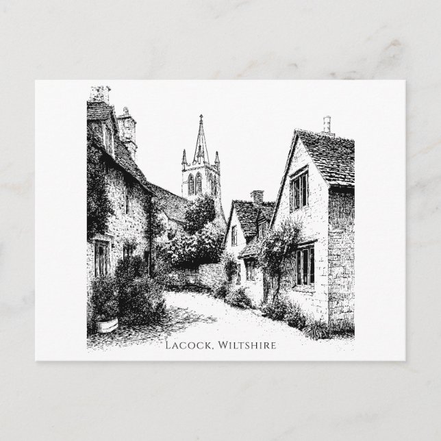 Cartão Postal Lacock Village Sketch, Wiltshire England (Frente)