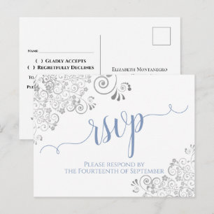 Cartão Postal Lacy Calliographic Light Blue no White Weding RSVP
