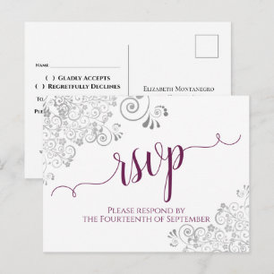 Cartão Postal Lacy Calliographic Magenta & White Wedding RSVP