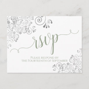 Cartão Postal Lacy Calliographic Sage Green White Weding RSVP