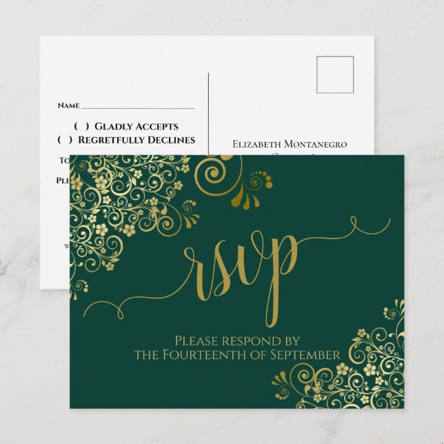 Cartão Postal Lacy Dourada Calliografia Emerald Green Wedding RS (Frente/Verso)