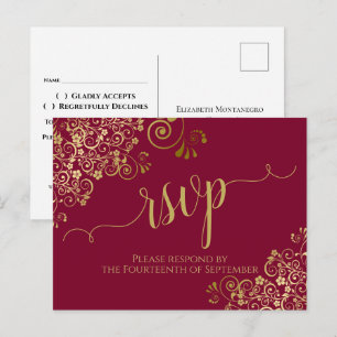 Cartão Postal Lacy Dourada Calliographic Burgundy Maroon Wedding