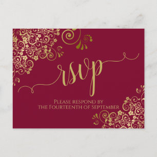 Cartão Postal Lacy Dourada Calliographic Burgundy Maroon Wedding