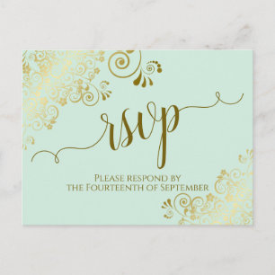 Cartão Postal Lacy Dourado Calliographic Pale Mint Green Wedding