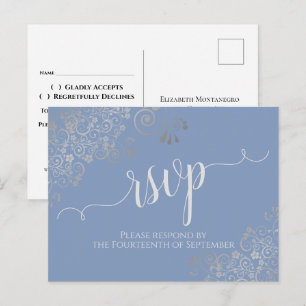 Cartão Postal Lacy Silver Calliographic Light Blue Weding RSVP