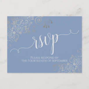 Cartão Postal Lacy Silver Calliographic Light Blue Weding RSVP