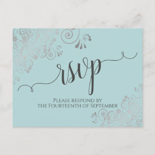 Cartão Postal Lacy Silver Calliographic Mint Teal Wedding RSVP