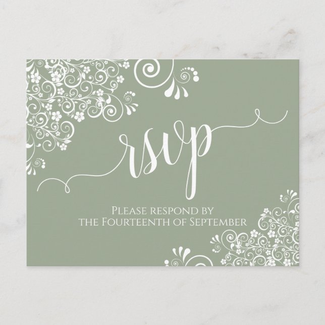 Cartão Postal Lacy White Calliographic no Sage Green Wedding RSV (Frente)