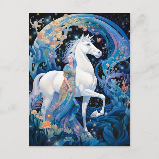 Cartão Postal Lady and White Horse Fantasy Art (Frente)