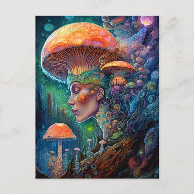 Cartão Postal Lady E Cogumelos Surreal Fantasy Art (Frente)