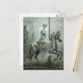 Cartão Postal Lady Ghost on Abandoned Carousel Horse in Garden