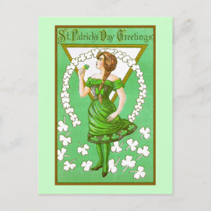 Cartão Postal Lady Holding Shamrock Vintage Dia de São Patrício