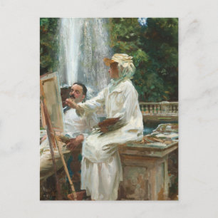 Cartão Postal Lady Painting Beside a Waterfall