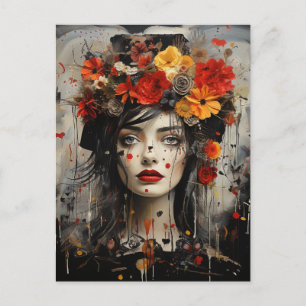 Cartão Postal Lady With Flowers in Your Hair Grunge Painting