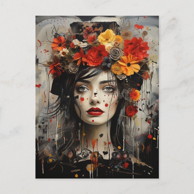 Cartão Postal Lady With Flowers in Your Hair Grunge Painting (Frente)