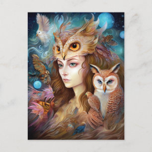 Cartão Postal Lady With Owl Surreal Fantasy Art