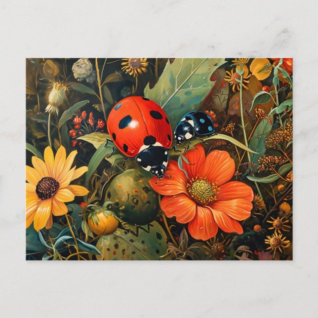 Cartão Postal Ladybug em uma ilustração simples de Dahlia Bloom (Frente)