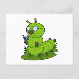 Cartão Postal Lagarta como Nerd com Óculos e Livro