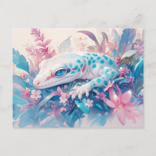 Cartão Postal Lagartixa Leopardo com Mancha Azul Turquesa e Flor