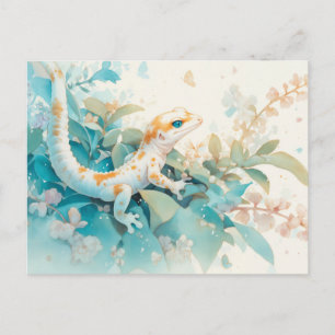Cartão Postal Lagartixa Leopardo com Mancha Laranja e Folha Trop