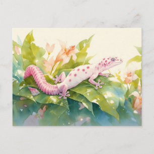 Cartão Postal Lagartixa Leopardo com Mancha Rosa e Flor de Lírio