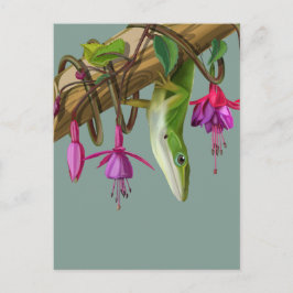 Cartão Postal Lagarto anole verde com fúcsias