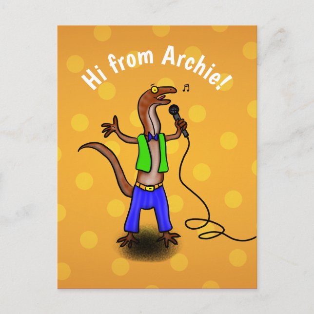 Cartão Postal Lagarto engraçado cantando cartoon verde roxo (Frente)