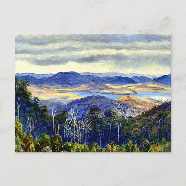 Cartão Postal Lago Biwa, Japão, pintura paisagística antiga. (Frente)