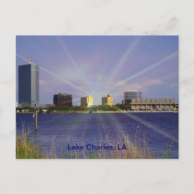 Cartão Postal Lago Charles, LA Skyline com Sunburst (Frente)