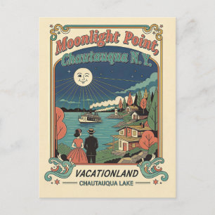 Cartão Postal Lago Chautauqua, NY Ponto do Luar Retro anos 1950