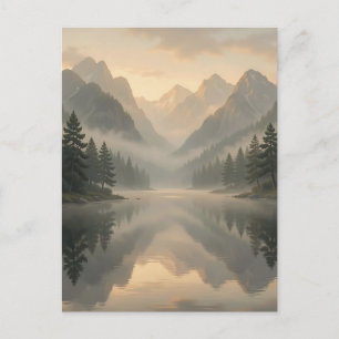 Cartão Postal Lago da Montanha Nebulosa Reflexo Floresta de Pinh