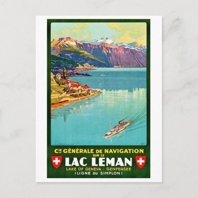 Cartão Postal Lago de Genebra, vista de areal, Suiça, colheita (Frente)