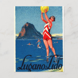 Cartão Postal Lago de Lugano, praia, menina com bola de praia, v