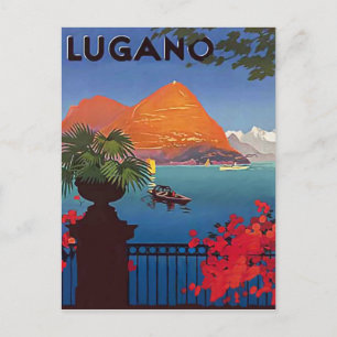 Cartão Postal Lago de Lugano, vista do terraço do hotel, vintage