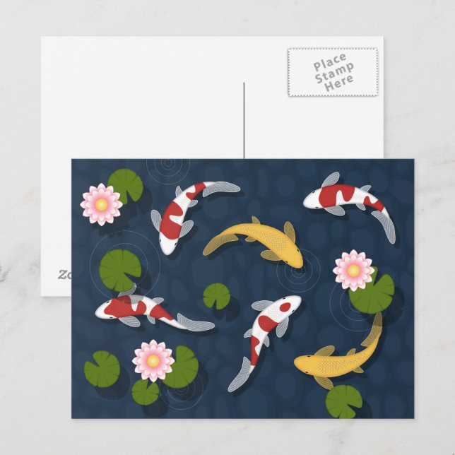 Cartão Postal Lago de Peixes Koi Japoneses (Frente/Verso)