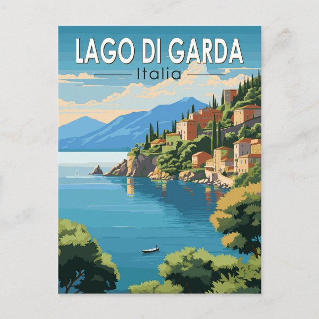 Cartão Postal Lago di Garda Italia Viagem Art Vintage (Frente)