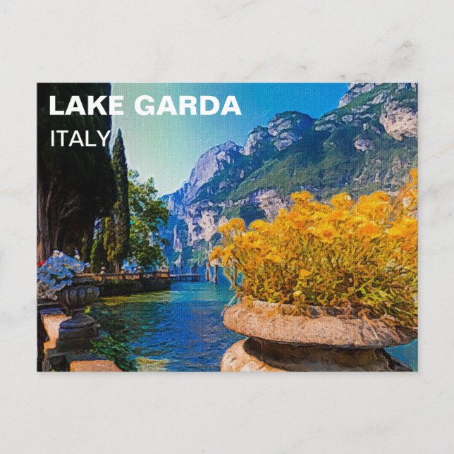 Cartão Postal Lago Garda e Flores Amarelas - Pintura de Óleo (Frente)