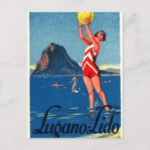 Cartão Postal Lago Lugano, praia, garota com bola de praia, safr
