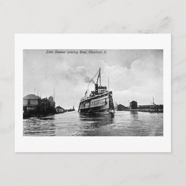 Cartão Postal Lago Navio a vapor entrando em River, Cleveland, O (Frente)