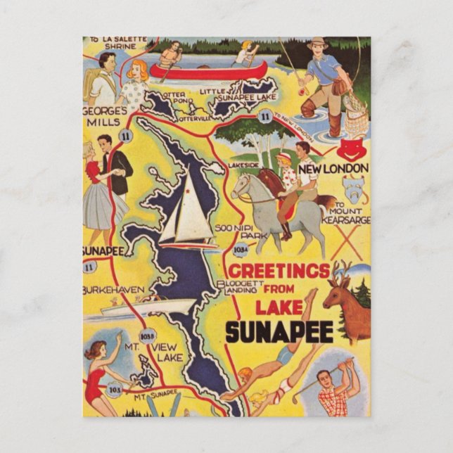 Cartão Postal Lago Retro Sunapee NH (Frente)