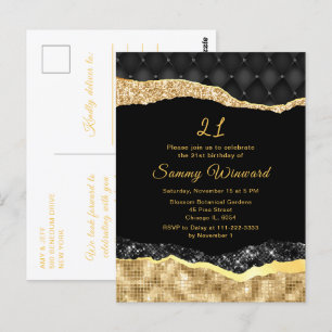 Cartão Postal Lágrimas de Glamour Preto e Dourado Aniversário