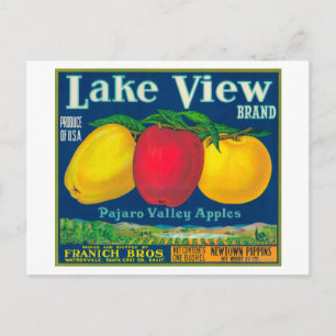 Cartão Postal Lake View Apple Label - Watsonville, CA
