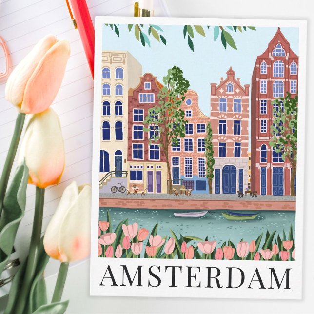 Cartão Postal Lakeside Town View Viagem - Ilustração (amsterdam scenic view tulips illustration travel postcard)