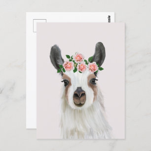 Cartão Postal Lama Bonito Fluffy Com Coroa De Rosa