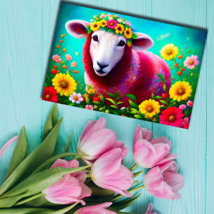Cartão Postal Lamb Animal Cute Bright Flores Rosa Coloridas