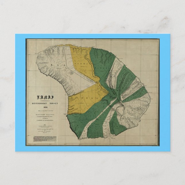 Cartão Postal Lanai, 1878, Vintage Hawaii Map (Frente)